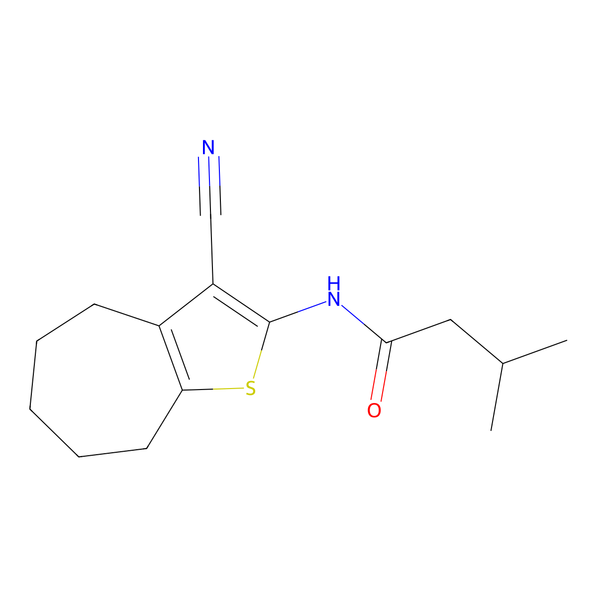 N-(3-cyano-5,6,7,8-tetrahydro-4H-cyclohepta[b]thiophen-2-yl)-3-methylbutanamide molecular structure, CAS 332373-58-7