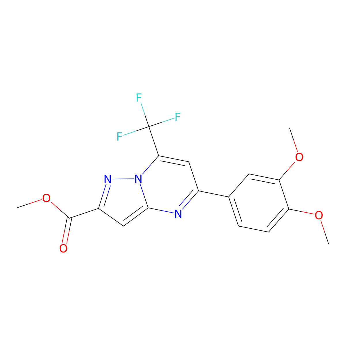 Methyl 5-(3,4-dimethoxyphenyl)-7-(trifluoromethyl)pyrazolo[1,5-a]pyrimidine-2-carboxylate molecular structure, CAS 332375-39-0