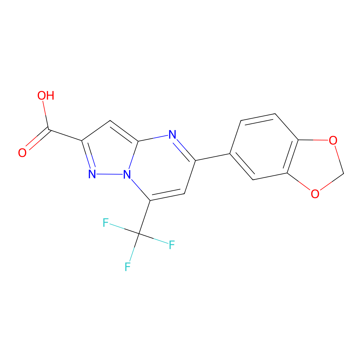 5-(1,3-Benzodioxol-5-yl)-7-(trifluoromethyl)pyrazolo[1,5-a]pyrimidine-2-carboxylic acid molecular structure, CAS 332375-43-6