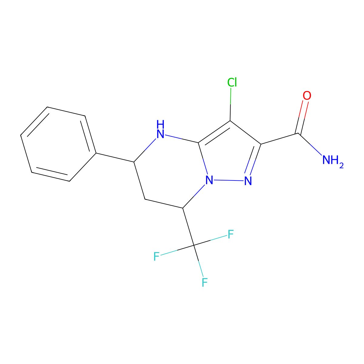 3-Chloro-5-phenyl-7-(trifluoromethyl)-4,5,6,7-tetrahydropyrazolo[1,5-a]pyrimidine-2-carboxamide molecular structure, CAS 332375-45-8