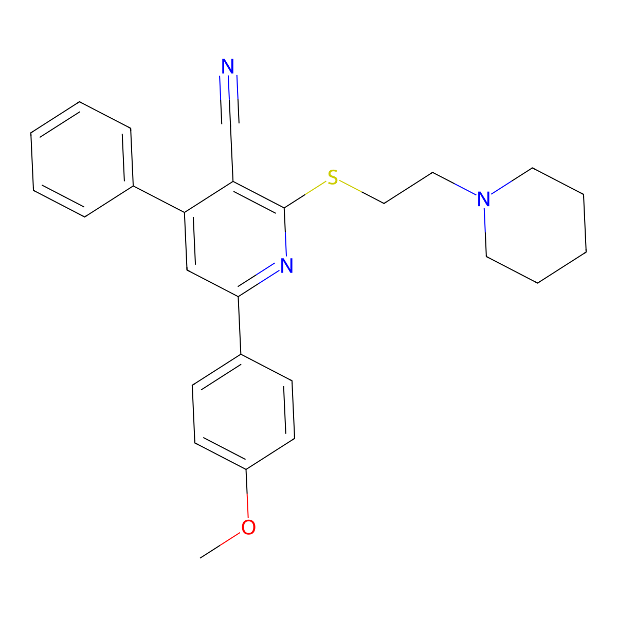 6-(4-Methoxyphenyl)-4-phenyl-2-((2-(piperidin-1-yl)ethyl)thio)nicotinonitrile molecular structure, CAS 332376-27-9