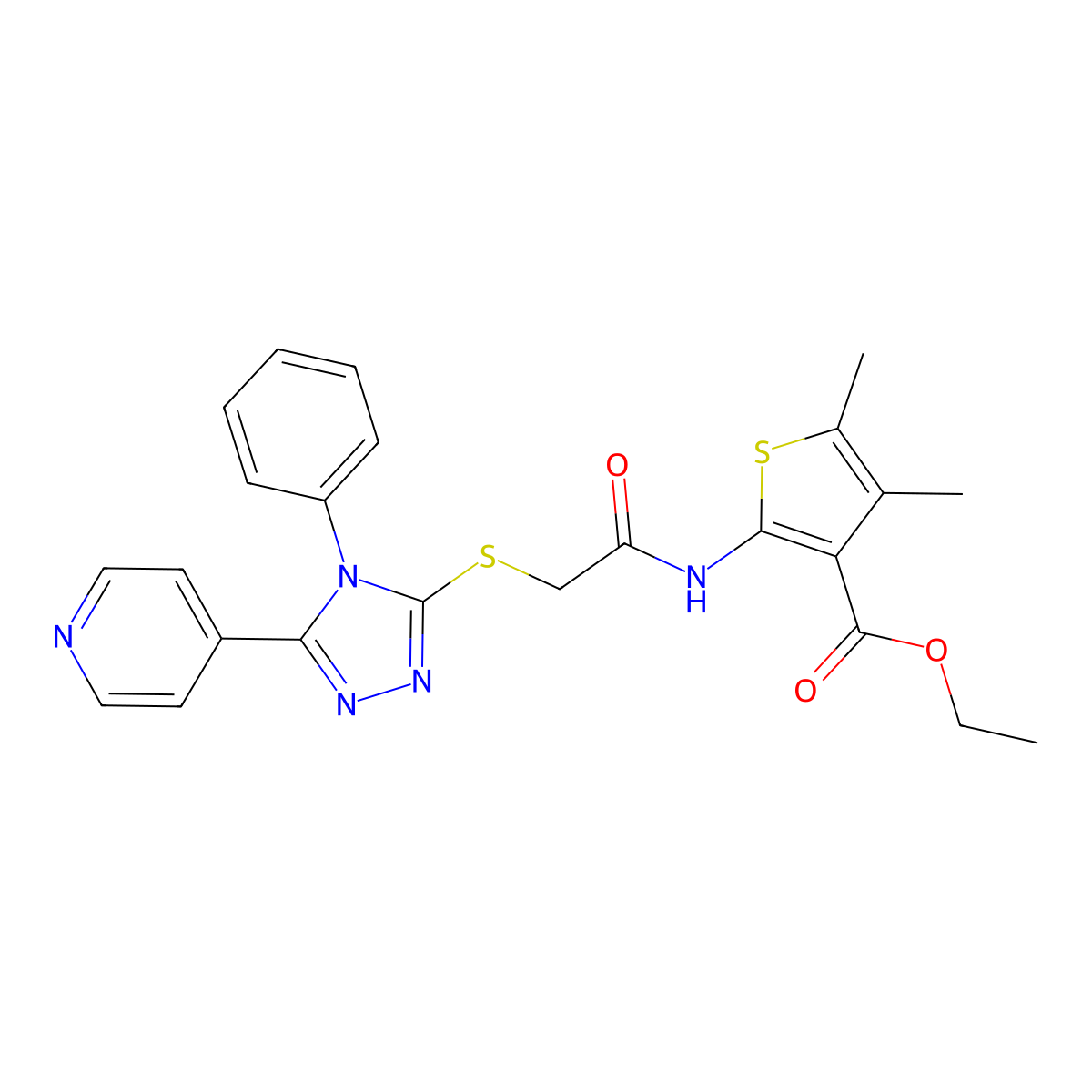 Ethyl 4,5-dimethyl-2-(2-((4-phenyl-5-(pyridin-4-yl)-4H-1,2,4-triazol-3-yl)thio)acetamido)thiophene-3-carboxylate molecular structure, CAS 332376-37-1