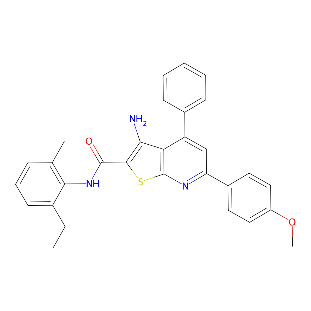 3-amino-N-(2-ethyl-6-methylphenyl)-6-(4-methoxyphenyl)-4-phenylthieno[2,3-b]pyridine-2-carboxamide molecular structure, CAS 332376-45-1