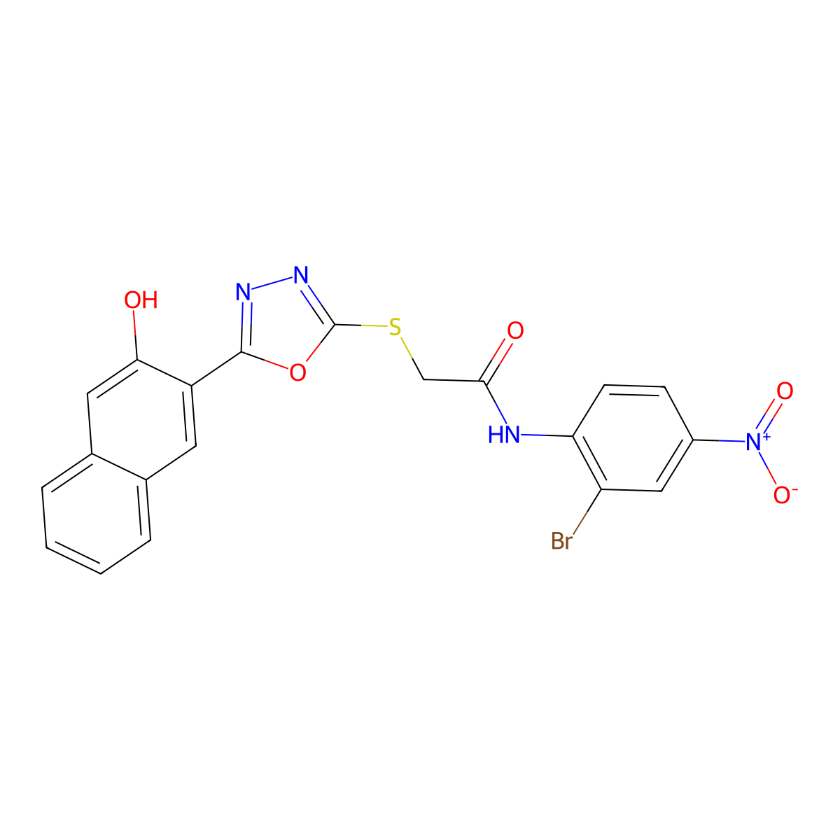 N-(2-Bromo-4-nitrophenyl)-2-((5-(3-hydroxynaphthalen-2-yl)-1,3,4-oxadiazol-2-yl)thio)acetamide molecular structure, CAS 332377-21-6