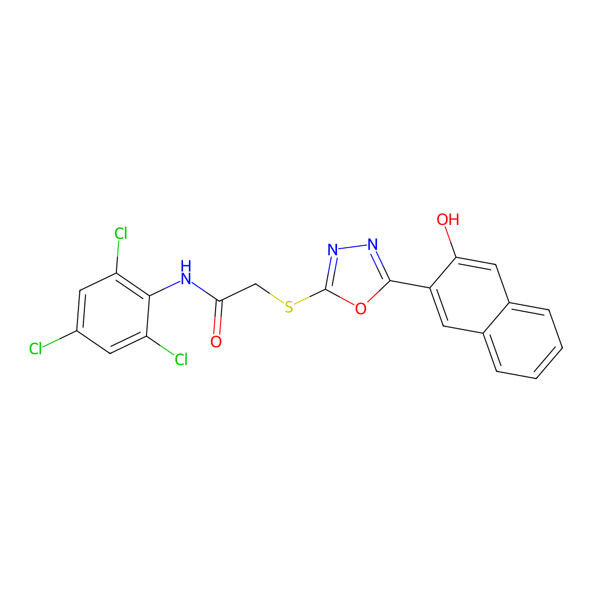 2-((5-(3-Hydroxynaphthalen-2-yl)-1,3,4-oxadiazol-2-yl)thio)-N-(2,4,6-trichlorophenyl)acetamide molecular structure, CAS 332377-29-4