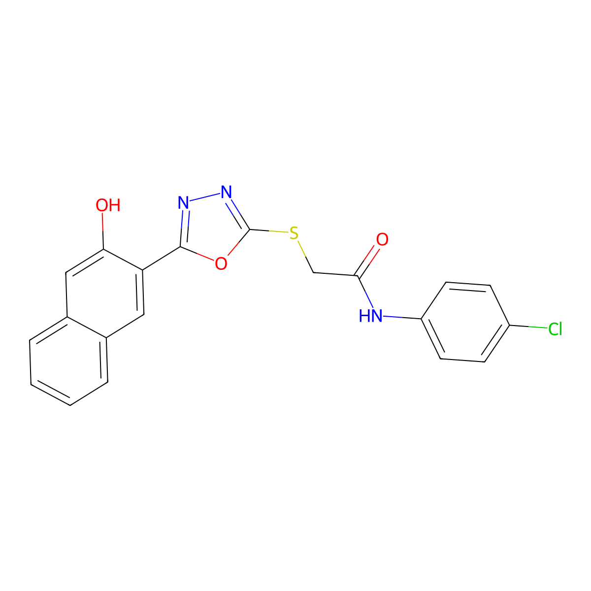N-(4-Chlorophenyl)-2-((5-(3-hydroxynaphthalen-2-yl)-1,3,4-oxadiazol-2-yl)thio)acetamide molecular structure, CAS 332377-30-7