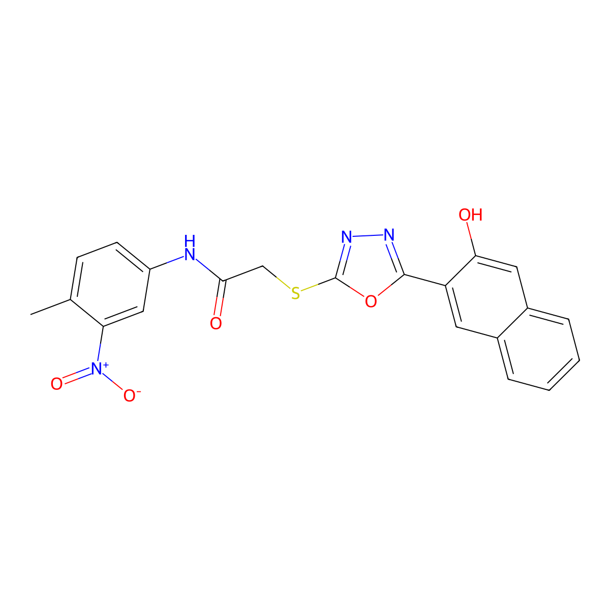 2-((5-(3-Hydroxynaphthalen-2-yl)-1,3,4-oxadiazol-2-yl)thio)-N-(4-methyl-3-nitrophenyl)acetamide molecular structure, CAS 332377-38-5