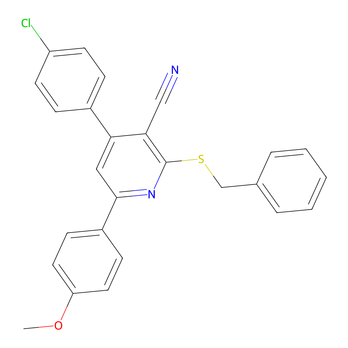 2-(Benzylsulfanyl)-4-(4-chlorophenyl)-6-(4-methoxyphenyl)nicotinonitrile molecular structure, CAS 332377-82-9
