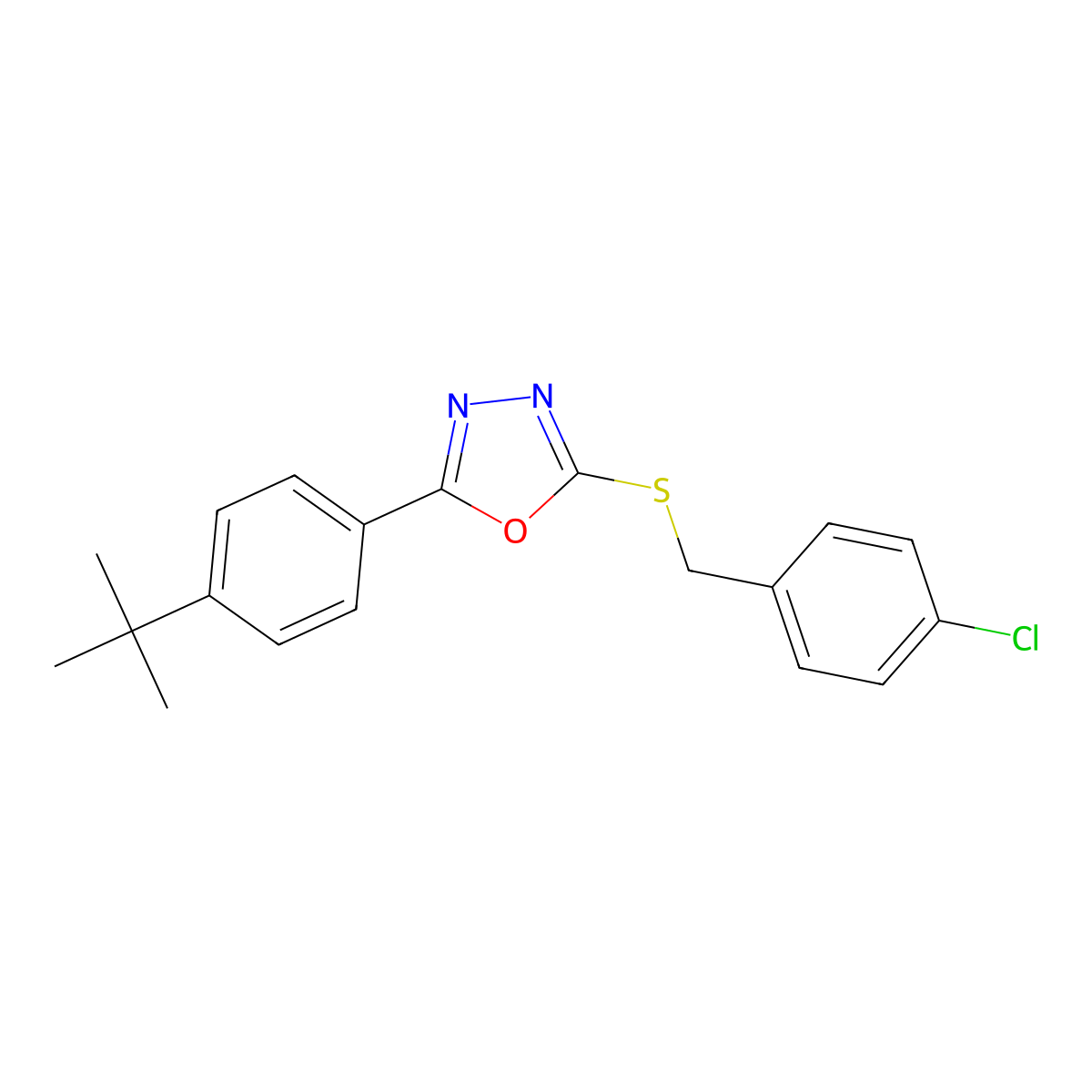 2-(4-Tert-butylphenyl)-5-[(4-chlorophenyl)methylsulfanyl]-1,3,4-oxadiazole molecular structure, CAS 332380-68-4
