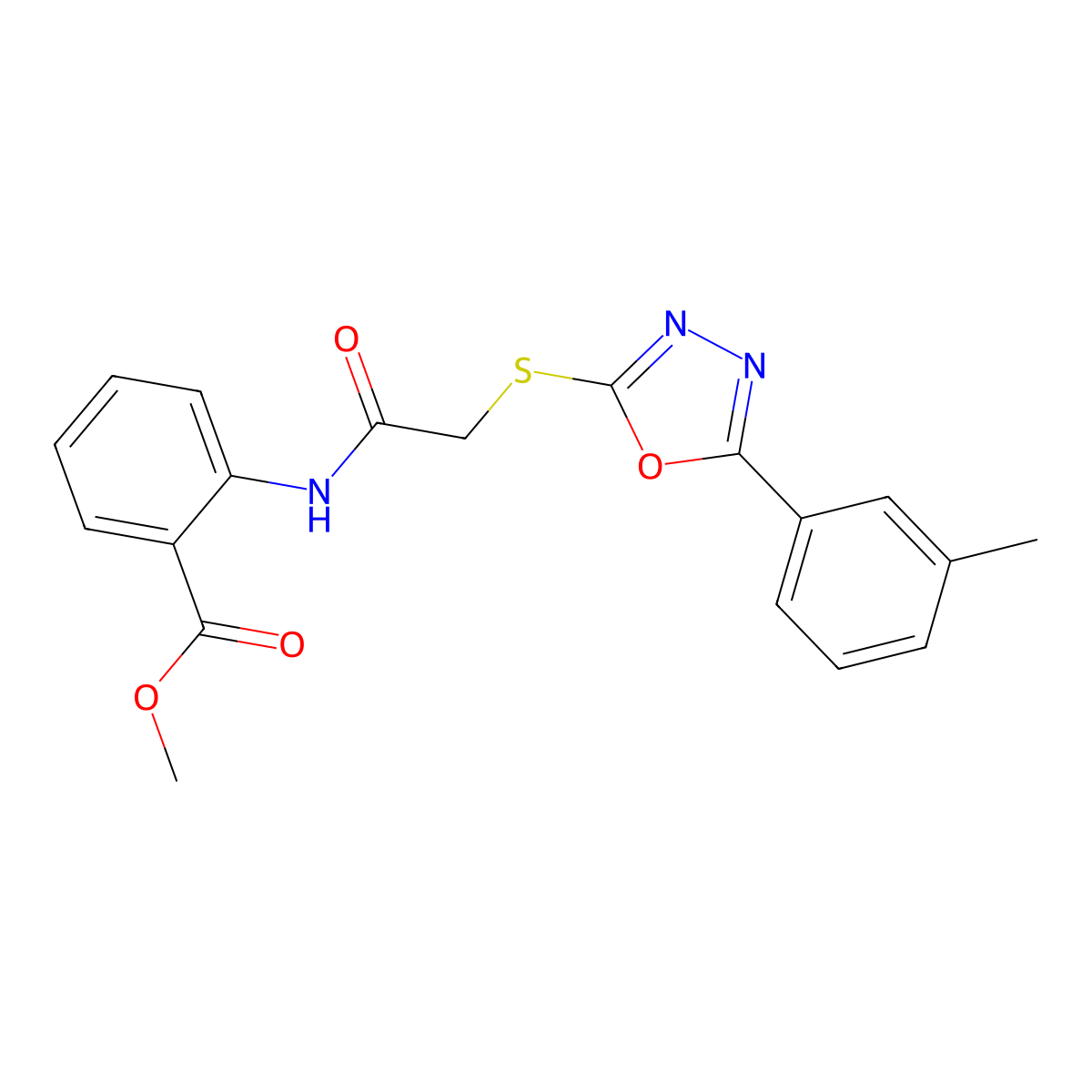 Methyl 2-(2-((5-(m-tolyl)-1,3,4-oxadiazol-2-yl)thio)acetamido)benzoate molecular structure, CAS 332380-81-1