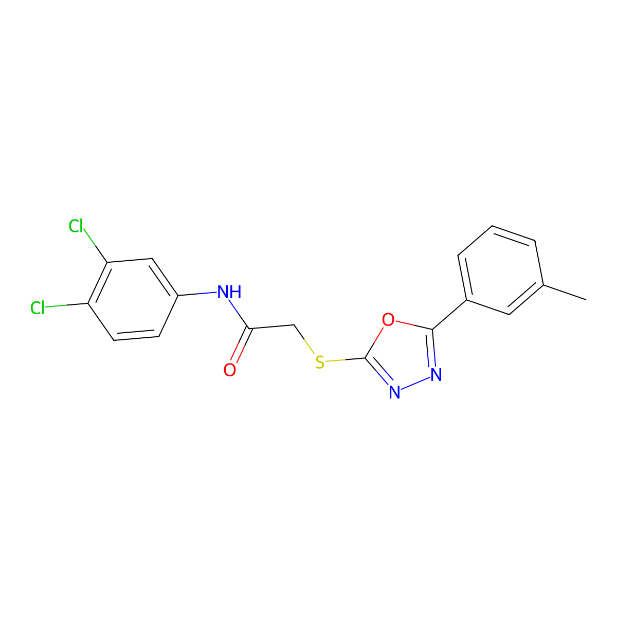 N-(3,4-dichlorophenyl)-2-((5-(m-tolyl)-1,3,4-oxadiazol-2-yl)thio)acetamide molecular structure, CAS 332380-82-2