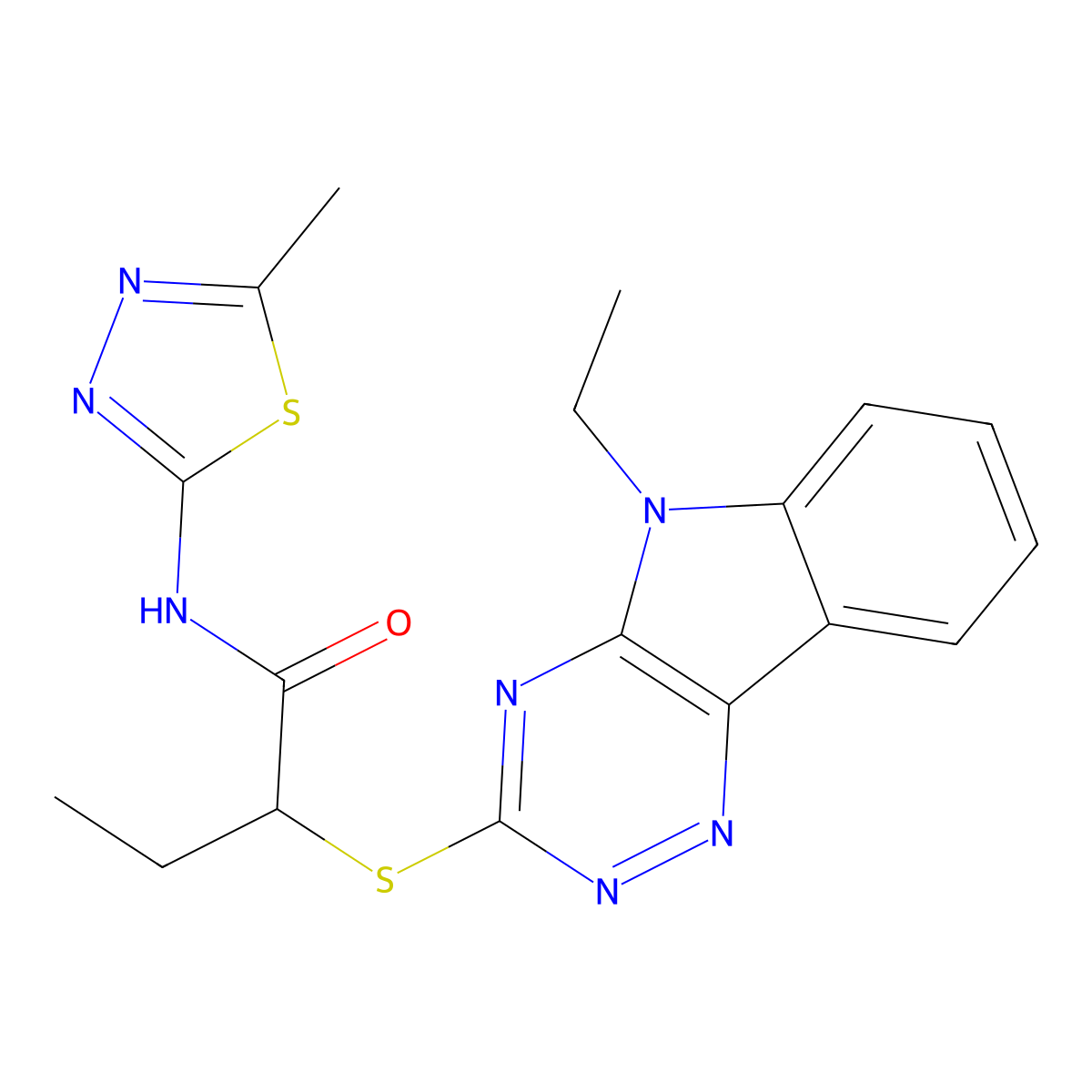2-[(5-ethyl-[1,2,4]triazino[5,6-b]indol-3-yl)sulfanyl]-N-(5-methyl-1,3,4-thiadiazol-2-yl)butanamide molecular structure, CAS 332382-91-9