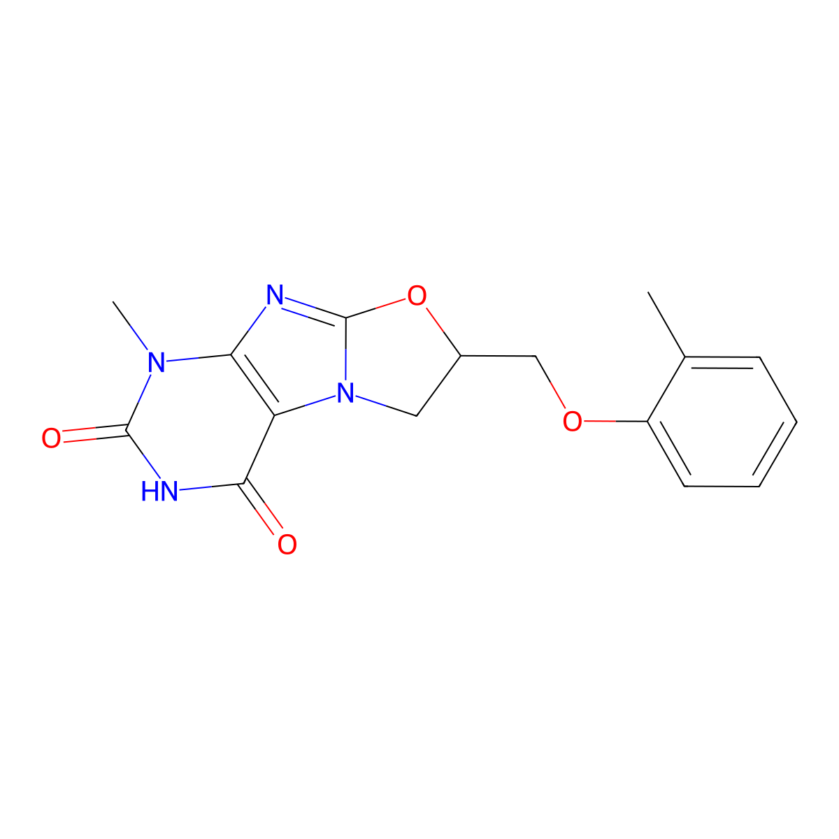 1-ME-7-((2-ME-Phenoxy)ME)-6,7-dihydro(1,3)oxazolo(2,3-F)purine-2,4(1H,3H)-dione molecular structure, CAS 332384-52-8