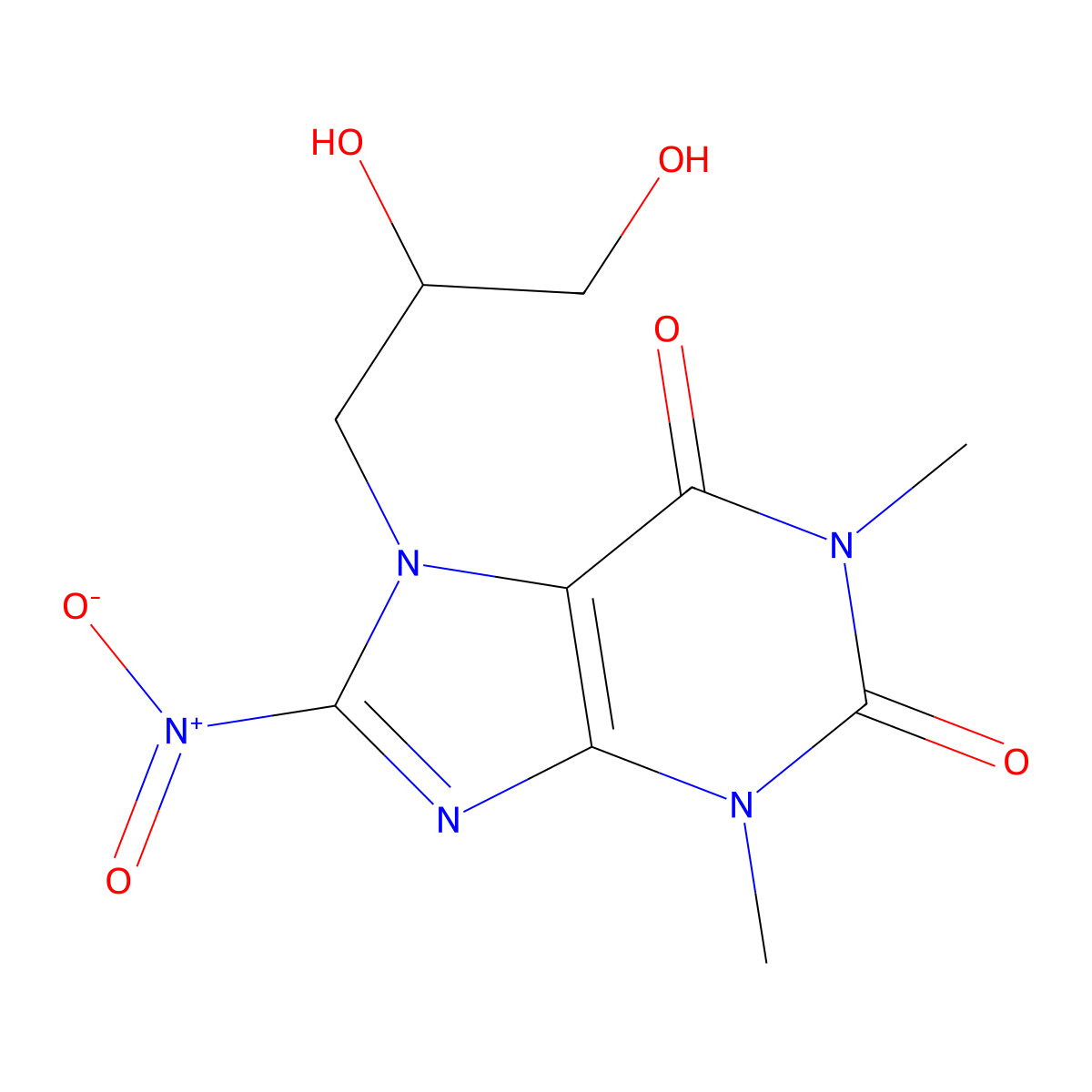 7-(2,3-Dihydroxypropyl)-1,3-dimethyl-8-nitro-3,7-dihydro-1H-purine-2,6-dione molecular structure, CAS 332384-54-0