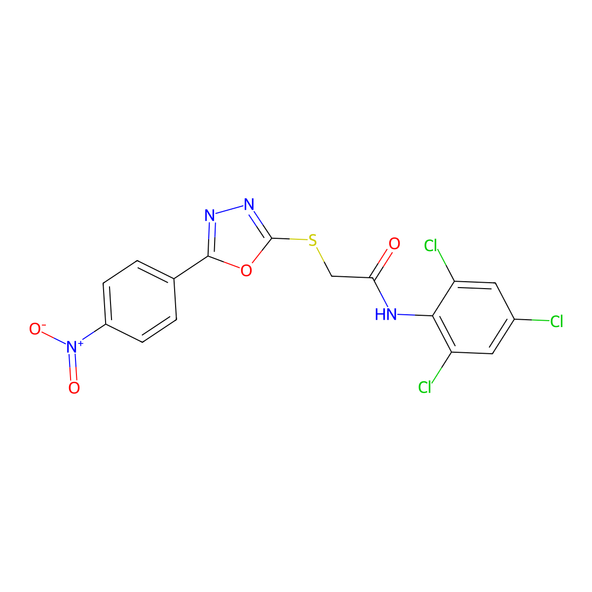 2-((5-(4-Nitrophenyl)-1,3,4-oxadiazol-2-yl)thio)-N-(2,4,6-trichlorophenyl)acetamide molecular structure, CAS 332385-20-3