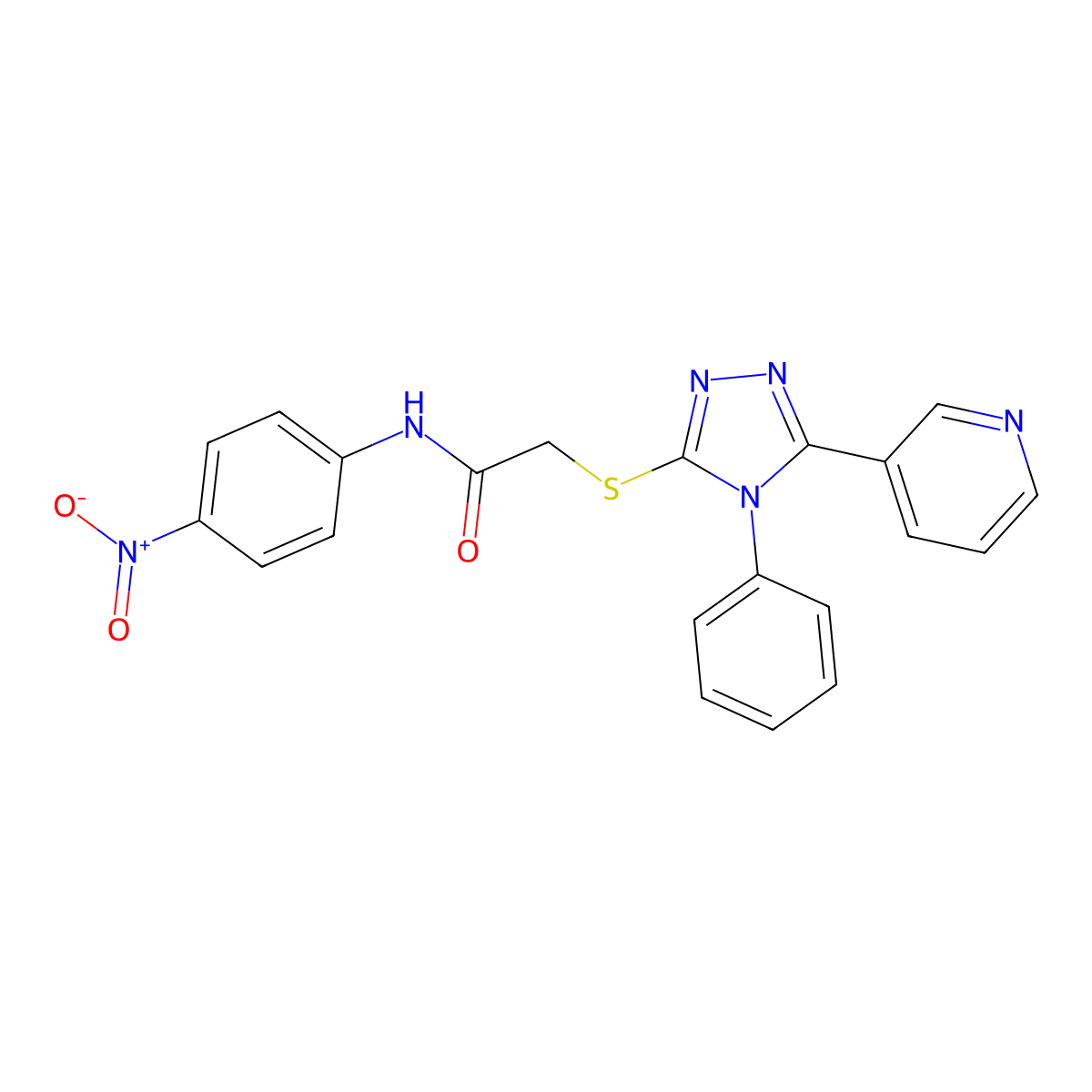 N-(4-Nitrophenyl)-2-((4-phenyl-5-(pyridin-3-yl)-4H-1,2,4-triazol-3-yl)thio)acetamide molecular structure, CAS 332385-32-7