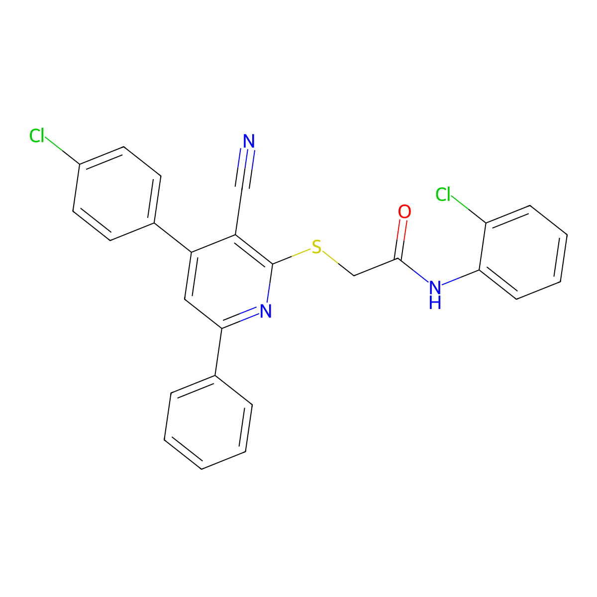 N-(2-Chlorophenyl)-2-((4-(4-chlorophenyl)-3-cyano-6-phenylpyridin-2-yl)thio)acetamide molecular structure, CAS 332385-53-2