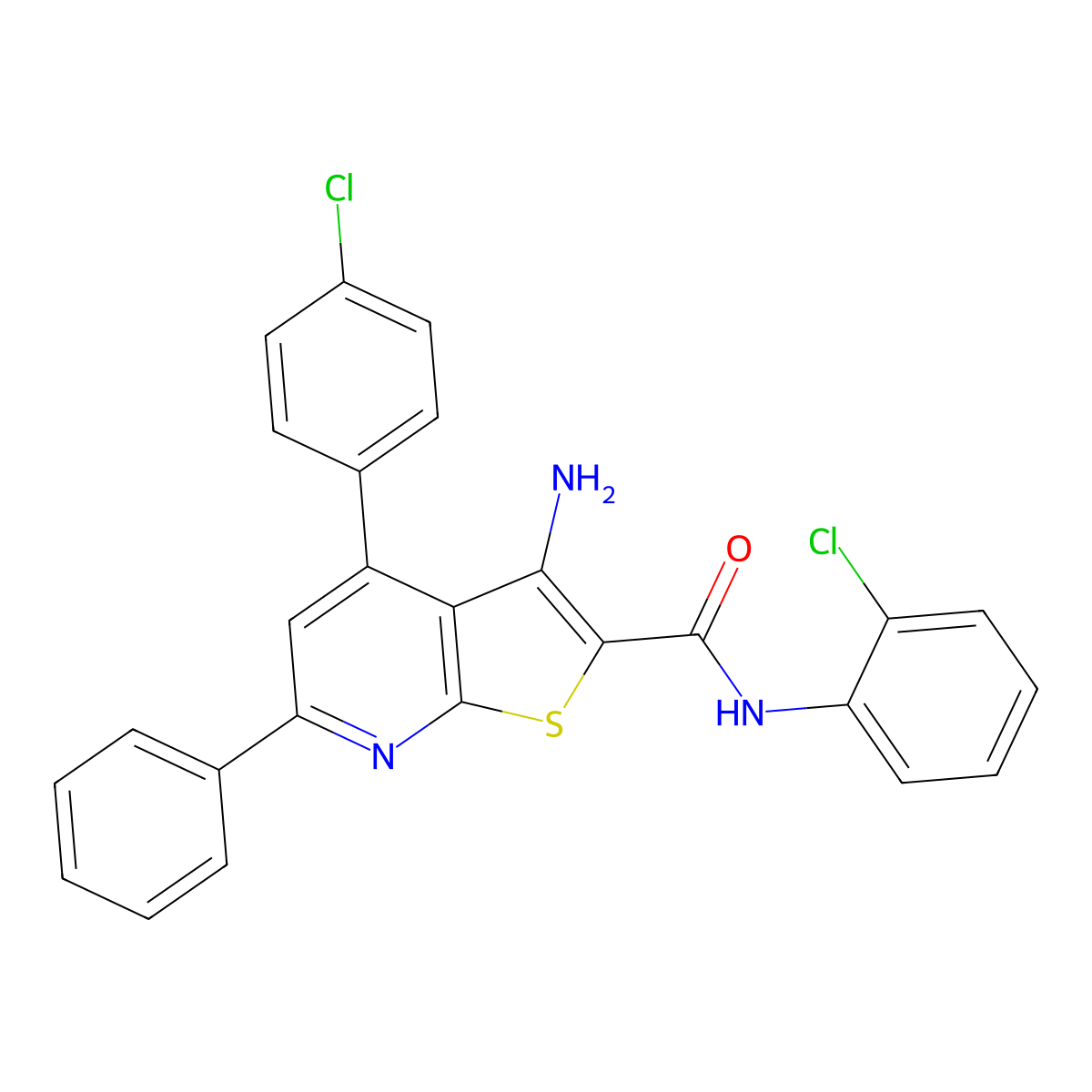 3-amino-N-(2-chlorophenyl)-4-(4-chlorophenyl)-6-phenylthieno[2,3-b]pyridine-2-carboxamide molecular structure, CAS 332385-54-3