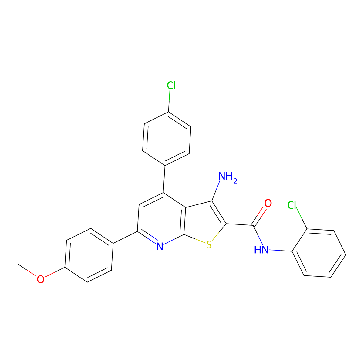 3-amino-N-(2-chlorophenyl)-4-(4-chlorophenyl)-6-(4-methoxyphenyl)thieno[2,3-b]pyridine-2-carboxamide molecular structure, CAS 332385-56-5