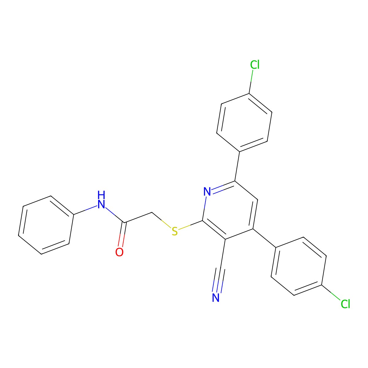 2-((4,6-Bis(4-chlorophenyl)-3-cyanopyridin-2-yl)thio)-N-phenylacetamide molecular structure, CAS 332385-63-4