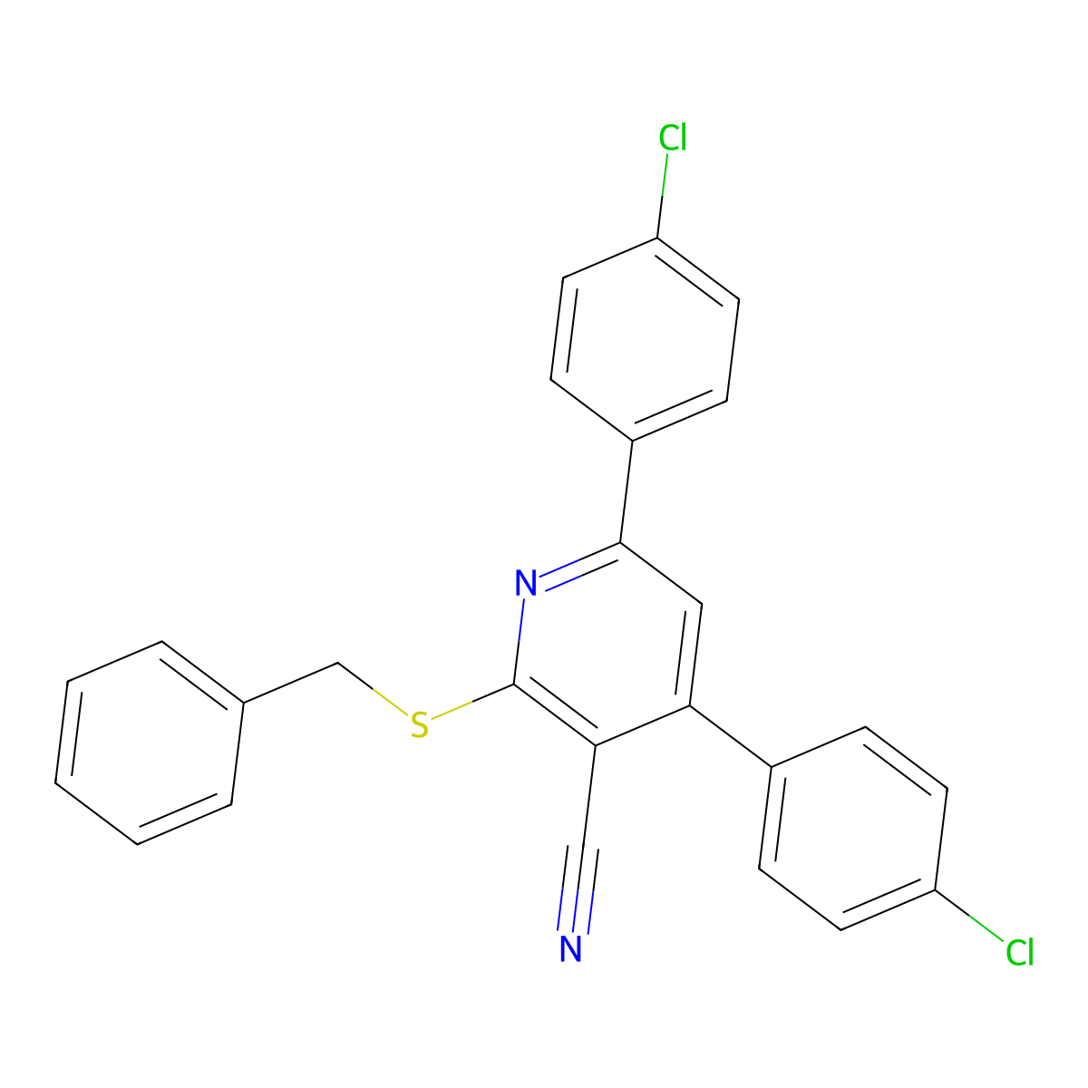 2-(Benzylthio)-4,6-bis(4-chlorophenyl)nicotinonitrile molecular structure, CAS 332385-71-4