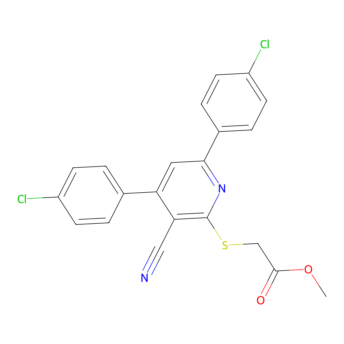 Methyl 2-((4,6-bis(4-chlorophenyl)-3-cyanopyridin-2-yl)thio)acetate molecular structure, CAS 332385-72-5