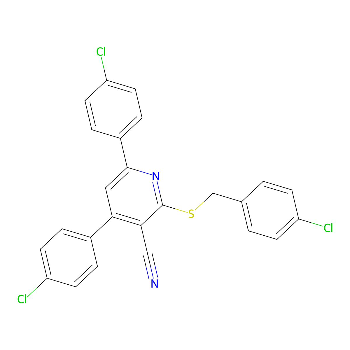 2-((4-Chlorobenzyl)thio)-4,6-bis(4-chlorophenyl)nicotinonitrile molecular structure, CAS 332385-86-1