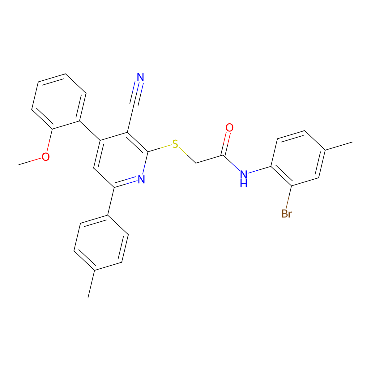 N-(2-bromo-4-methylphenyl)-2-[3-cyano-4-(2-methoxyphenyl)-6-(4-methylphenyl)pyridin-2-yl]sulfanylacetamide molecular structure, CAS 332388-01-9