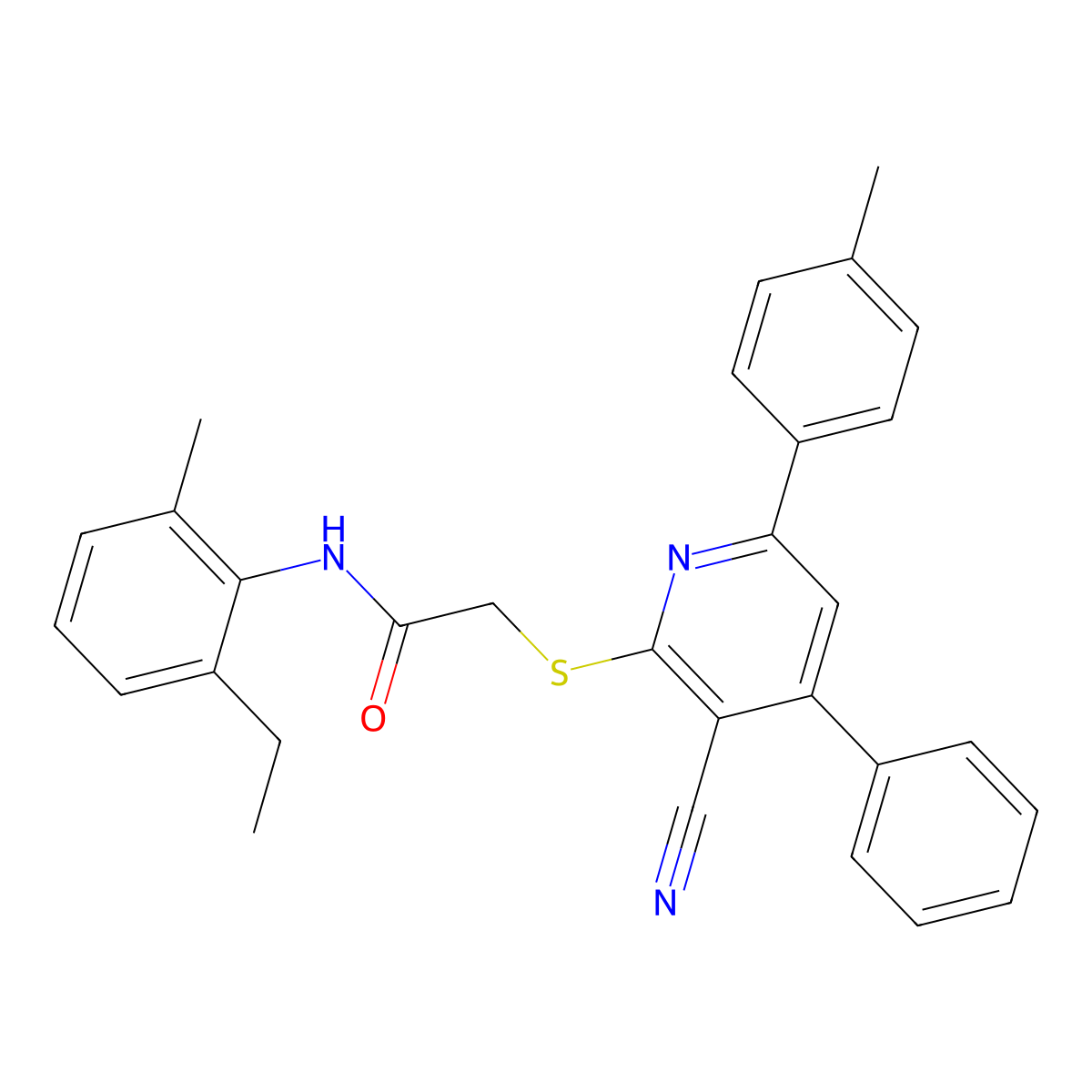 2-((3-Cyano-4-phenyl-6-(p-tolyl)pyridin-2-yl)thio)-N-(2-ethyl-6-methylphenyl)acetamide molecular structure, CAS 332388-06-4