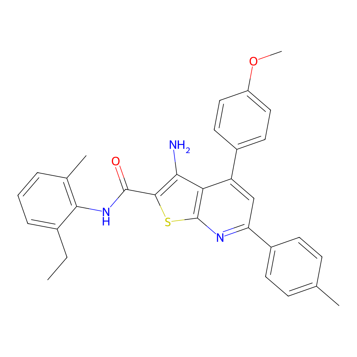 3-Amino-N-(2-ethyl-6-methylphenyl)-4-(4-methoxyphenyl)-6-(p-tolyl)thieno[2,3-b]pyridine-2-carboxamide molecular structure, CAS 332388-11-1