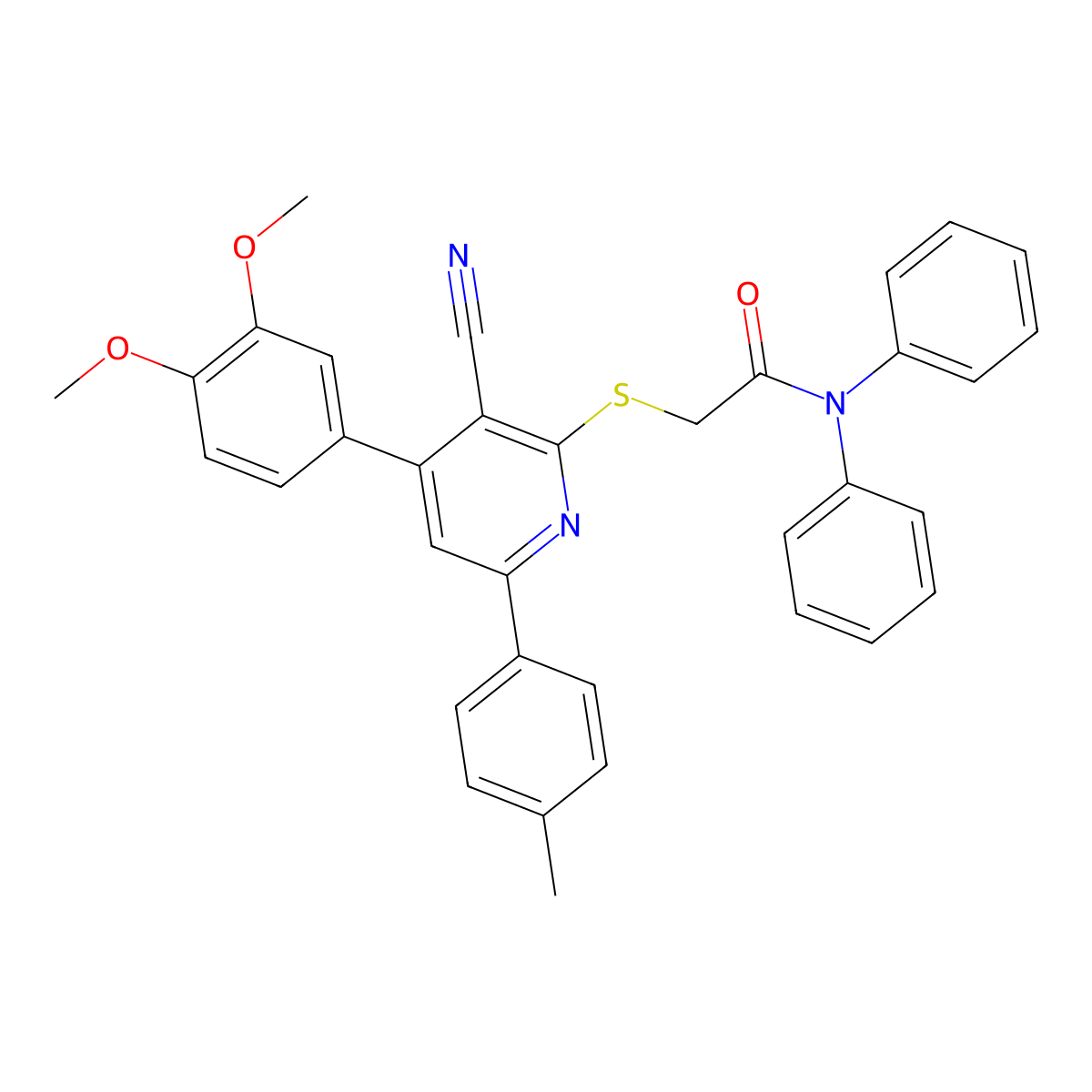2-((3-Cyano-4-(3,4-dimethoxyphenyl)-6-(p-tolyl)pyridin-2-yl)thio)-N,N-diphenylacetamide molecular structure, CAS 332388-32-6