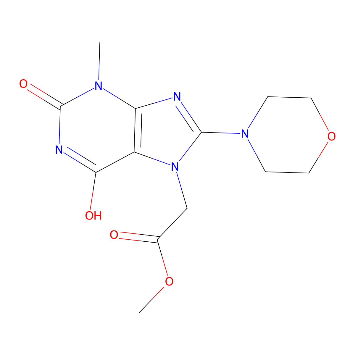 ME (3-ME-8-(4-Morpholinyl)-2,6-dioxo-1,2,3,6-tetrahydro-7H-purin-7-YL)acetate molecular structure, CAS 332388-37-1