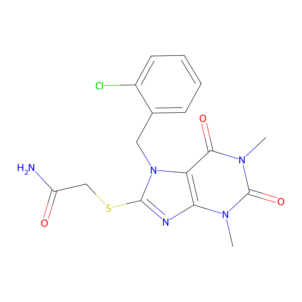 2-((7-(2-chlorobenzyl)-1,3-dimethyl-2,6-dioxo-2,3,6,7-tetrahydro-1H-purin-8-yl)thio)acetamide molecular structure, CAS 332388-39-3