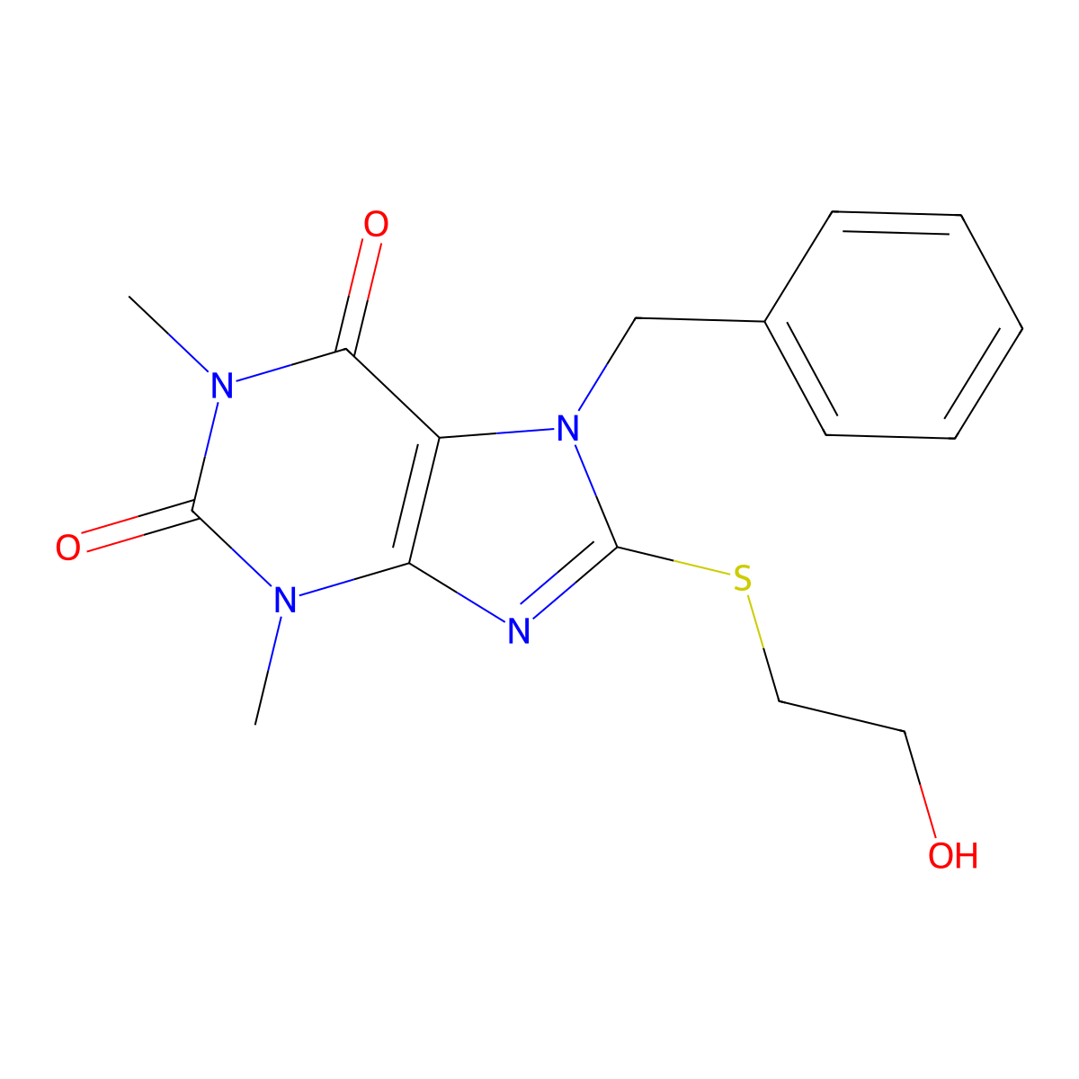 7-benzyl-8-((2-hydroxyethyl)thio)-1,3-dimethyl-1H-purine-2,6(3H,7H)-dione molecular structure, CAS 332388-41-7
