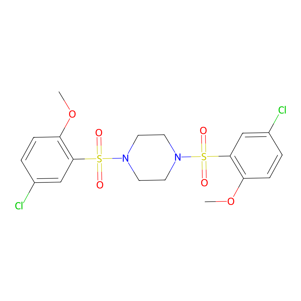 1,4-Bis(5-chloro-2-methoxybenzenesulfonyl)piperazine molecular structure, CAS 332388-60-0