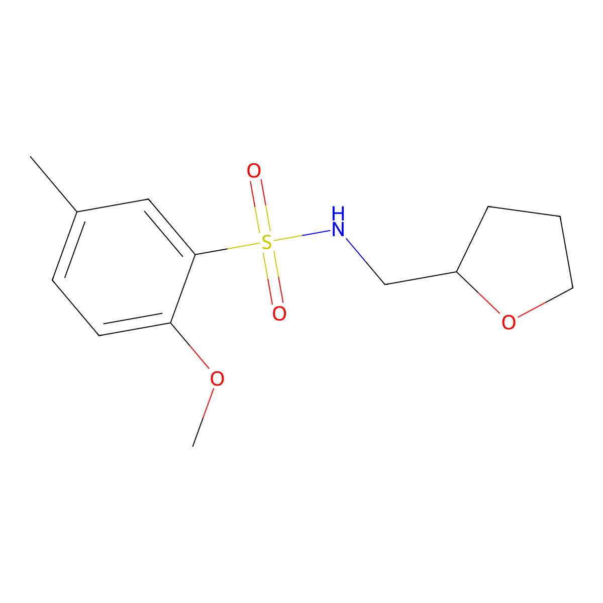 2-methoxy-5-methyl-N-(oxolan-2-ylmethyl)benzenesulfonamide molecular structure, CAS 332388-77-9