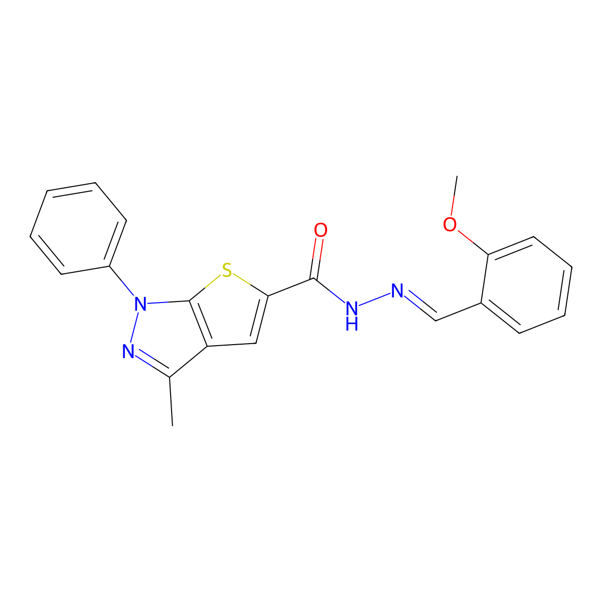 N'-[(E)-(2-methoxyphenyl)methylidene]-3-methyl-1-phenyl-1H-thieno[2,3-c]pyrazole-5-carbohydrazide molecular structure, CAS 332390-37-1