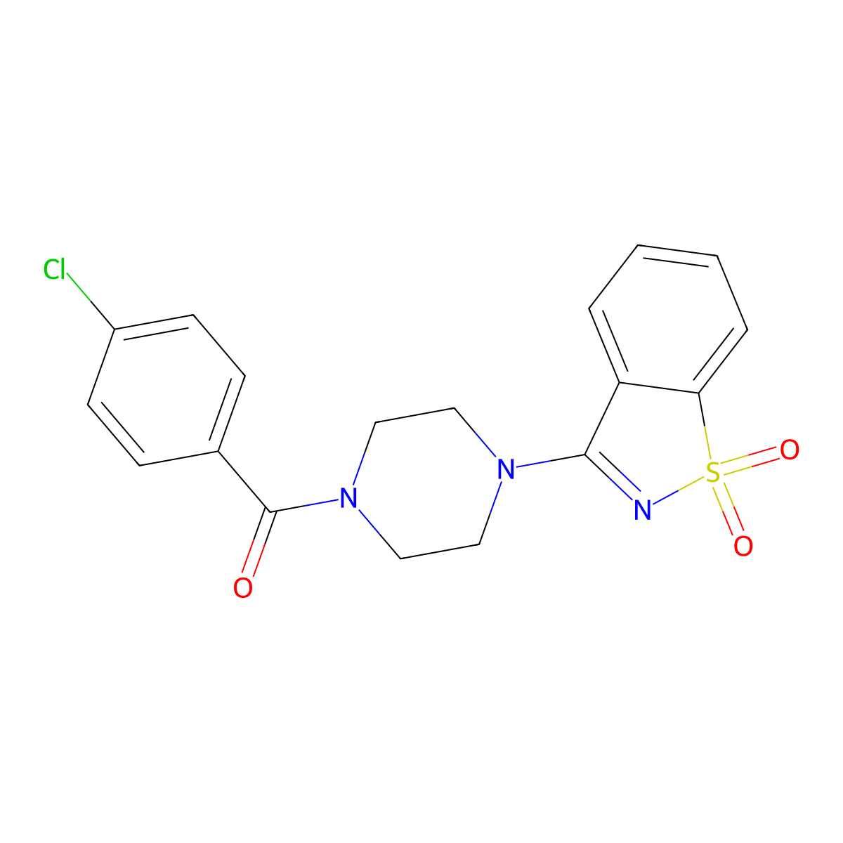 (4-Chlorophenyl)-[4-(1,1-dioxo-1,2-benzothiazol-3-yl)piperazin-1-yl]methanone molecular structure, CAS 332390-90-6