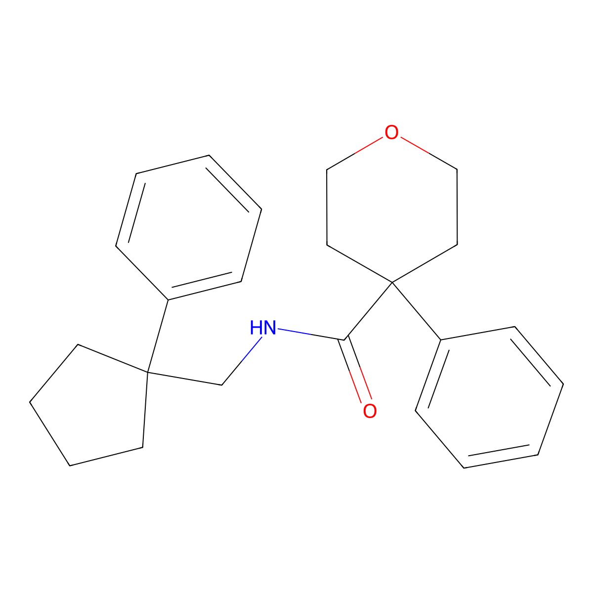 4-phenyl-N-[(1-phenylcyclopentyl)methyl]oxane-4-carboxamide molecular structure, CAS 332391-96-5