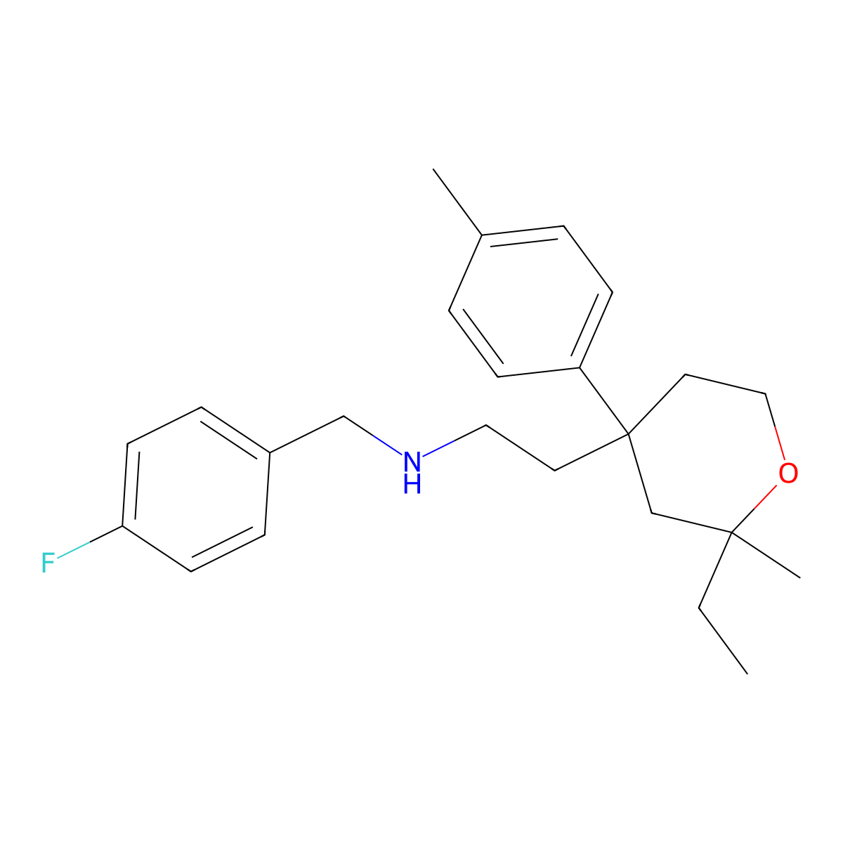 2-[2-ethyl-2-methyl-4-(4-methylphenyl)oxan-4-yl]-N-[(4-fluorophenyl)methyl]ethanamine molecular structure, CAS 332392-45-7