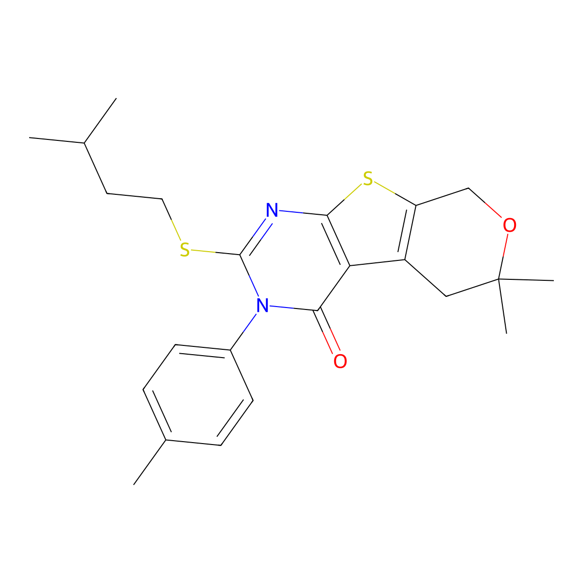 2-(isopentylsulfanyl)-6,6-dimethyl-3-(4-methylphenyl)-3,5,6,8-tetrahydro-4H-pyrano[4',3':4,5]thieno[2,3-d]pyrimidin-4-one molecular structure, CAS 332392-99-1