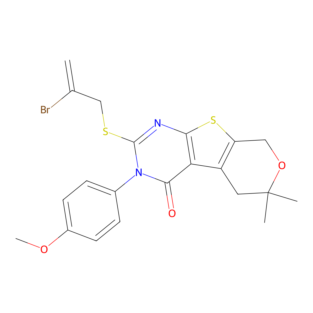 2-(2-Bromoprop-2-enylsulfanyl)-3-(4-methoxyphenyl)-6,6-dimethyl-5,8-dihydropyrano[2,3]thieno[2,4-b]pyrimidin-4-one molecular structure, CAS 332393-00-7