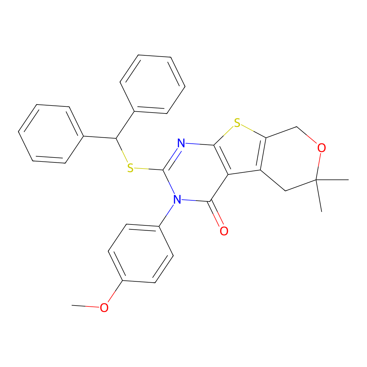 2-Benzhydrylsulfanyl-3-(4-methoxyphenyl)-6,6-dimethyl-5,8-dihydropyrano[2,3]thieno[2,4-b]pyrimidin-4-one molecular structure, CAS 332393-02-9
