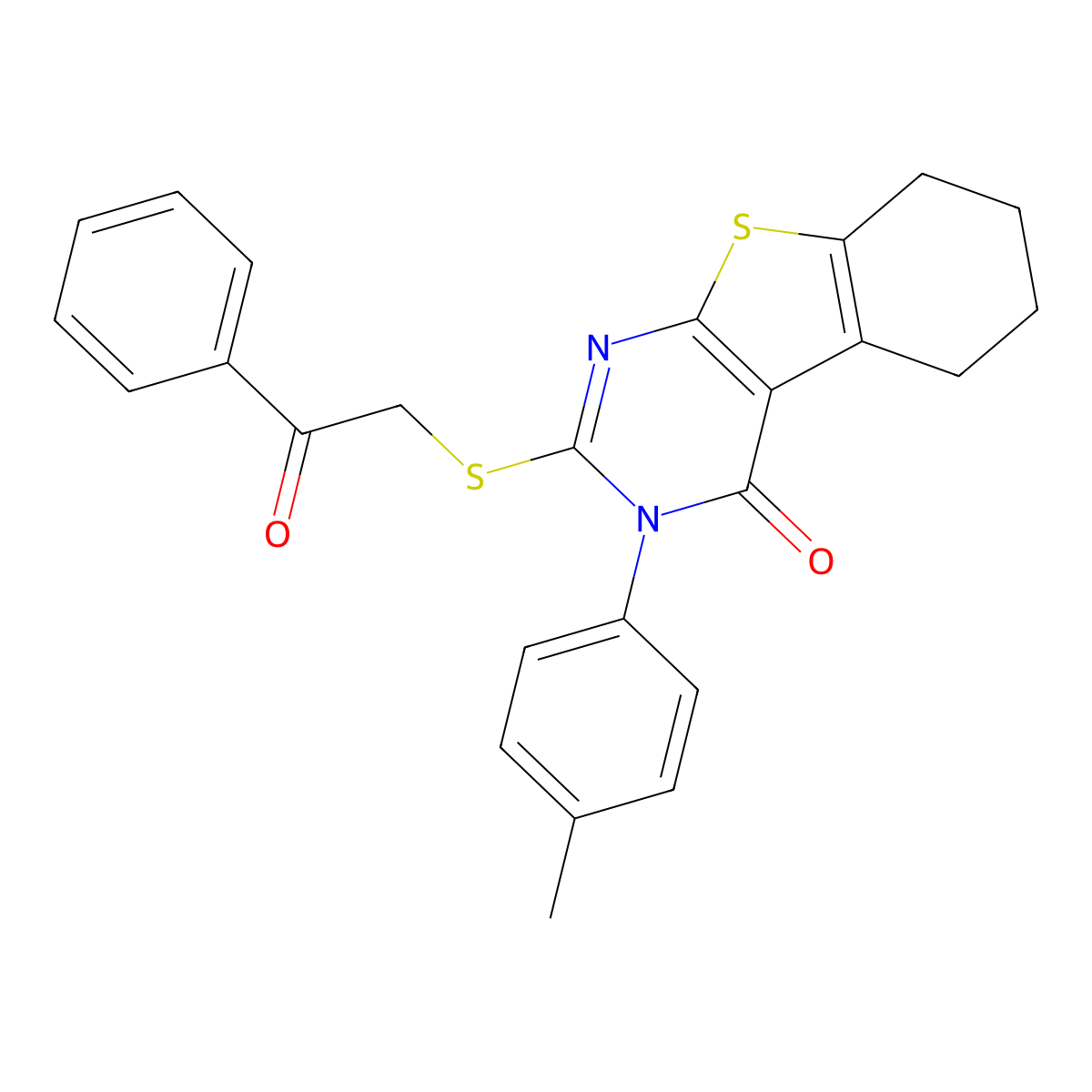 3-(4-Methylphenyl)-2-phenacylsulfanyl-5,6,7,8-tetrahydro-[1]benzothiolo[2,3-d]pyrimidin-4-one molecular structure, CAS 332393-05-2