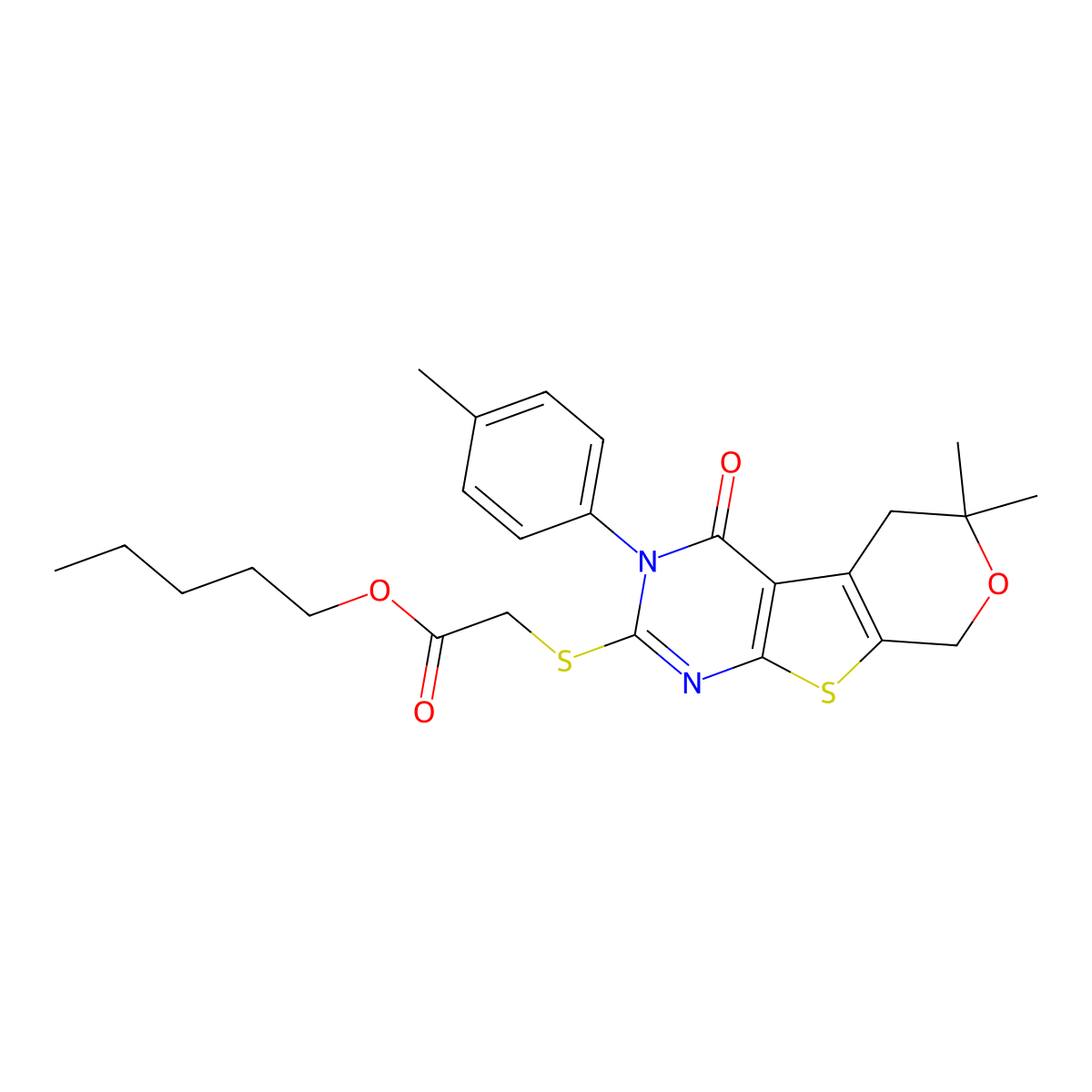 pentyl 2-((6,6-dimethyl-4-oxo-3-(p-tolyl)-4,5,6,8-tetrahydro-3H-pyrano[4',3':4,5]thieno[2,3-d]pyrimidin-2-yl)thio)acetate molecular structure, CAS 332393-06-3