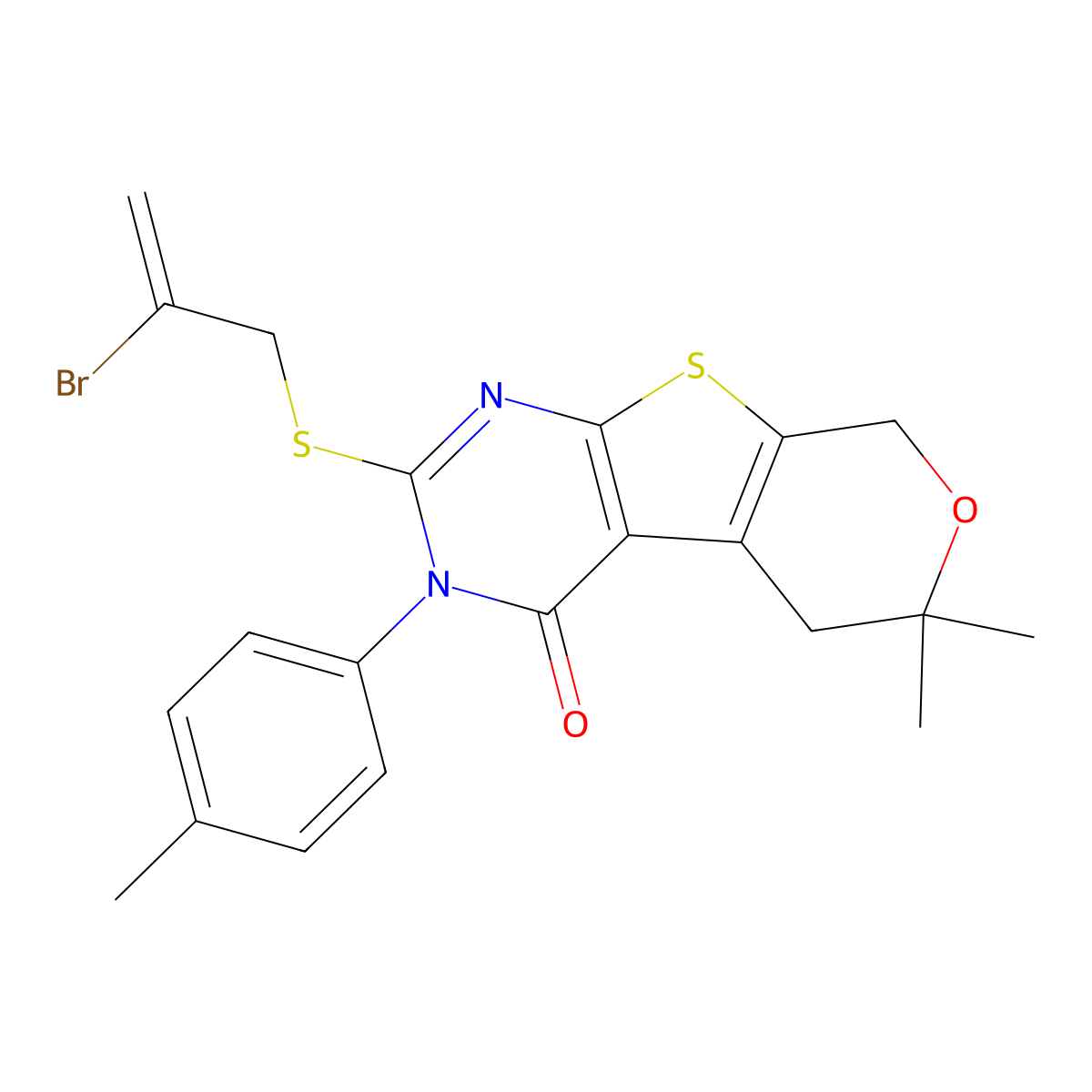 2-(2-Bromoprop-2-enylsulfanyl)-6,6-dimethyl-3-(4-methylphenyl)-5,8-dihydropyrano[2,3]thieno[2,4-b]pyrimidin-4-one molecular structure, CAS 332393-10-9