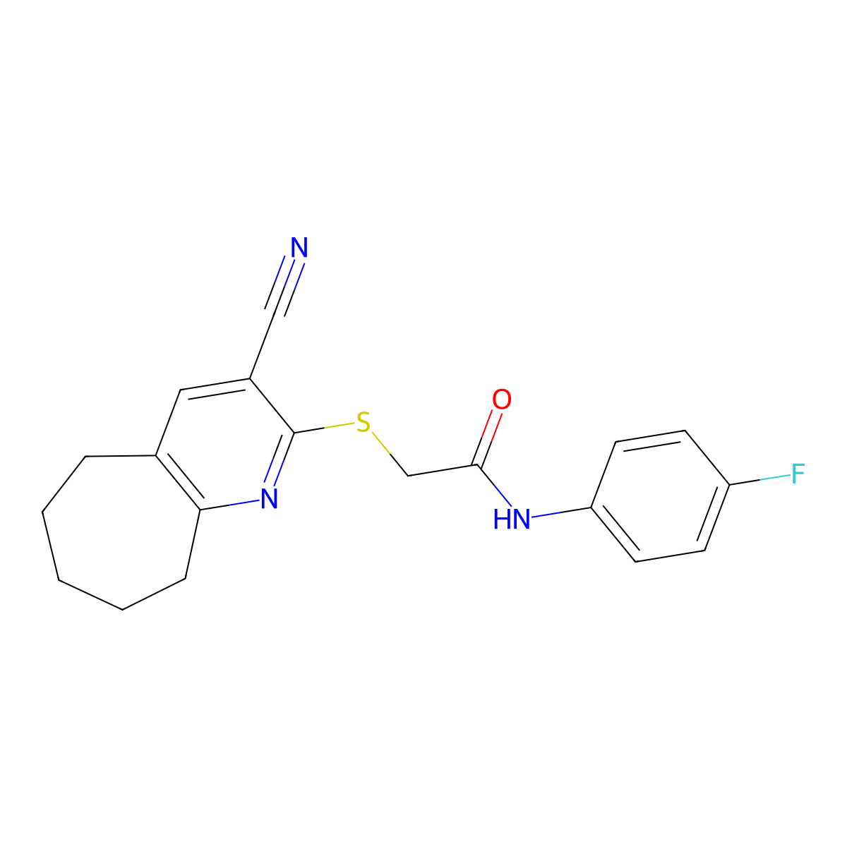 2-[(3-cyano-6,7,8,9-tetrahydro-5H-cyclohepta[b]pyridin-2-yl)sulfanyl]-N-(4-fluorophenyl)acetamide molecular structure, CAS 332393-88-1