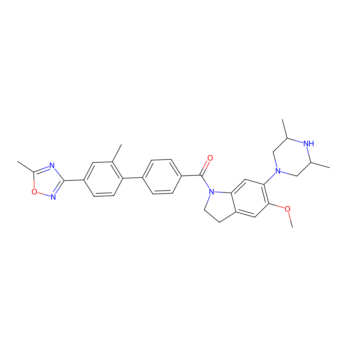 [6-[(3R,5S)-3,5-dimethylpiperazin-1-yl]-5-methoxy-2,3-dihydroindol-1-yl]-[4-[2-methyl-4-(5-methyl-1,2,4-oxadiazol-3-yl)phenyl]phenyl]methanone molecular structure, CAS 332397-72-5