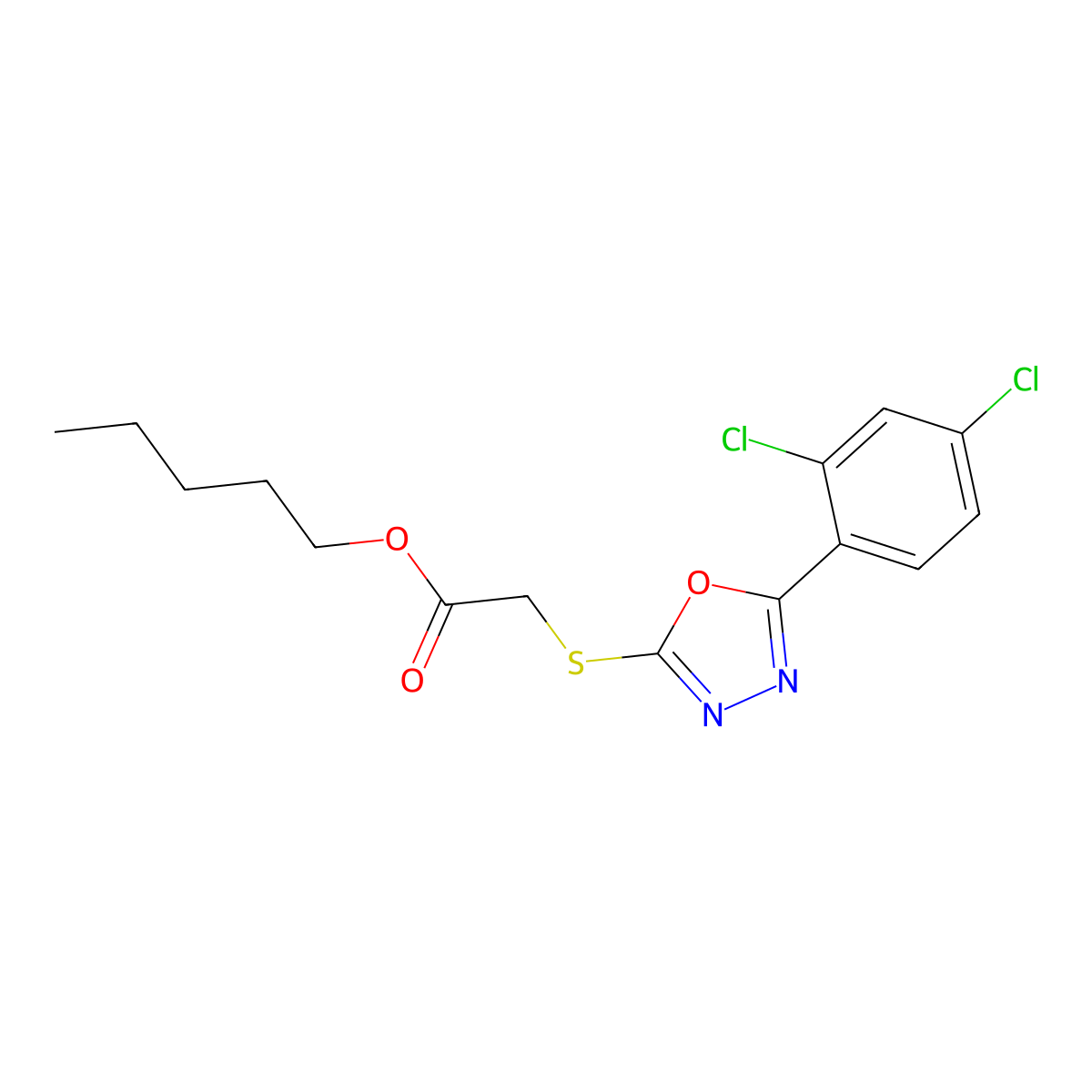 Pentyl {[5-(2,4-dichlorophenyl)-1,3,4-oxadiazol-2-yl]sulfanyl}acetate molecular structure, CAS 332400-02-9