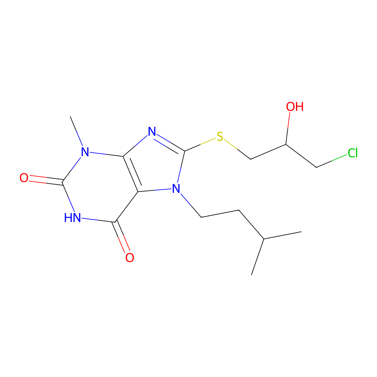 8-[(3-chloro-2-hydroxypropyl)sulfanyl]-7-isopentyl-3-methyl-3,7-dihydro-1H-purine-2,6-dione molecular structure, CAS 332408-86-3